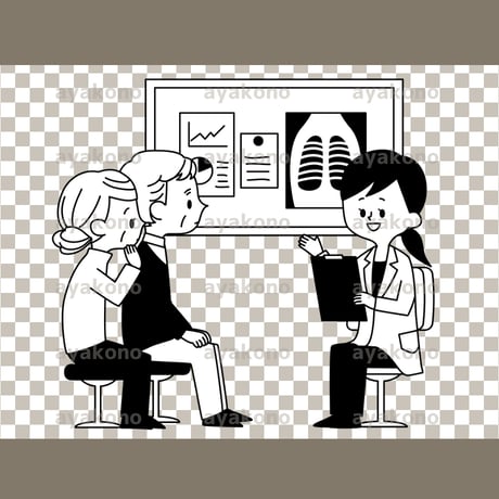 医師の診察を受けているシニアの男女-白黒【PNG】