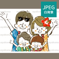 リゾート旅行で笑顔で手を振る4人家族【JPEG】