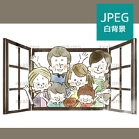 窓から手を振っている三世代家族-水彩【JPEG】