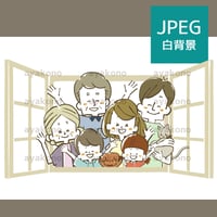 窓から手を振っている三世代家族【JPEG】