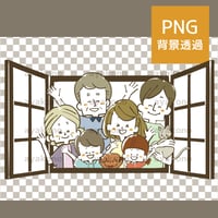 窓から手を振っている三世代家族【PNG】