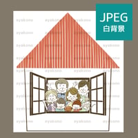 家の窓から手を振っている三世代家族【JPEG】
