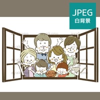 窓から手を振っている三世代家族【JPEG】