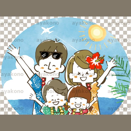 リゾート旅行で笑顔で手を振る4人家族【PNG】