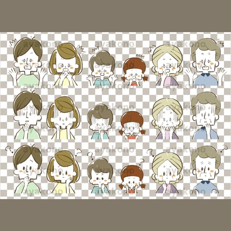 三世代家族の驚きやショックや疑問の表情セット【PNG】