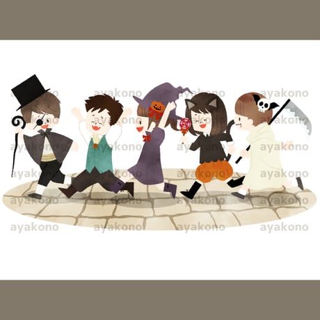 ハロウィンの仮装をしている子供たち-水彩【JPEG】