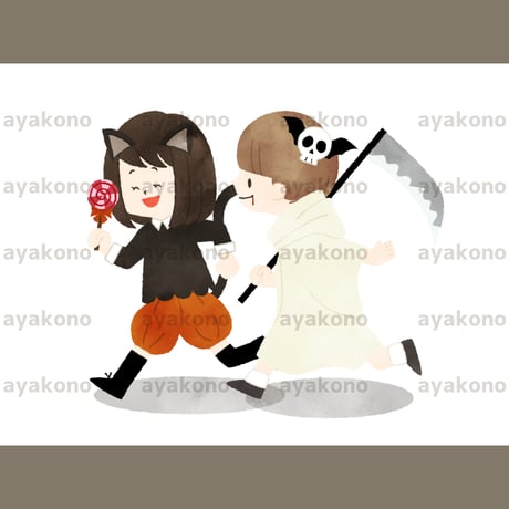 ハロウィンの仮装をしている子供たち-水彩【JPEG】
