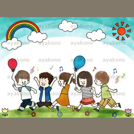 外で遊ぶ元気な子供たち-水彩【JPEG】