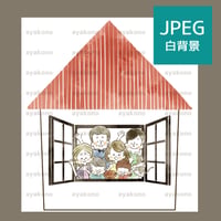 家の窓から手を振っている三世代家族-水彩【JPEG】