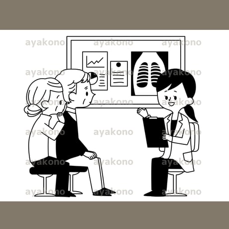 医師の診察を受けているシニアの男女-白黒【JPEG】