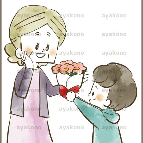 おばあちゃんに花束をプレゼントする男の子-水彩【JPEG】