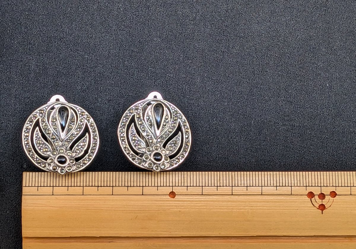 アールデコ様式 植物モチーフシルバー×オニキスイヤリング AS242