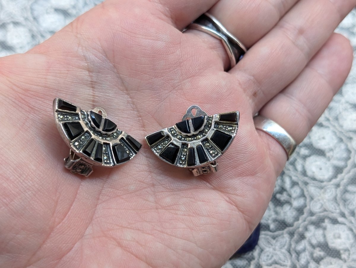 アールデコpar deux シルバーイヤリング オパール風石 ビンテージ 送込 アールデコ様式 扇シルバー×オニキスイヤリング AS236