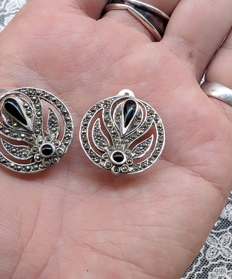 アールデコ様式 植物モチーフシルバー×オニキスイヤリング AS242