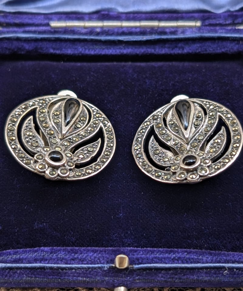 アールデコ様式 植物モチーフシルバー×オニキスイヤリング AS242