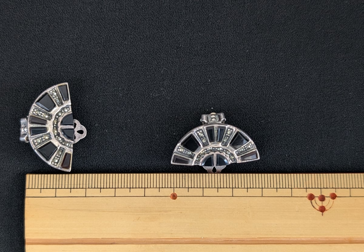 アールデコ様式 扇シルバー×オニキスイヤリング AS236 | European