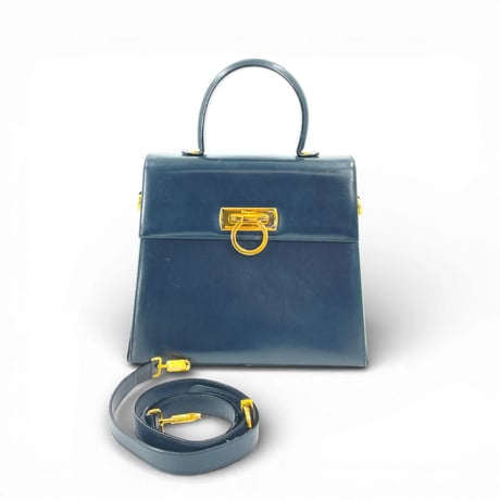 Ferragamo ガンチーニ ゴールドメッキ ネイビー レザー 2WAY ハンドバッグ