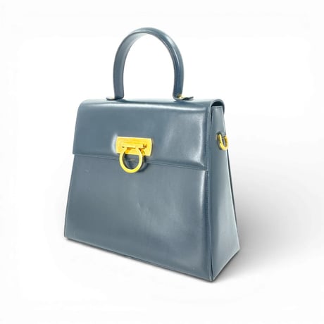 Ferragamo ガンチーニ ゴールドメッキ ネイビー レザー 2WAY ハンドバッグ