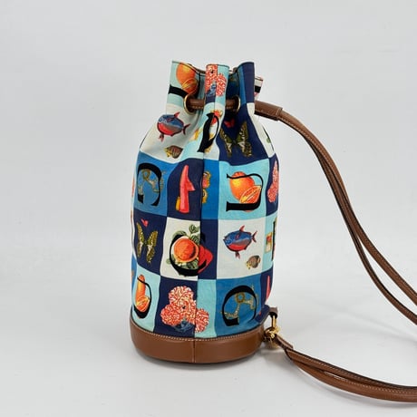GUCCI シマレザーキャンバス ブルー 2WAY 巾着 リュック ショルダー ヴィンテージ