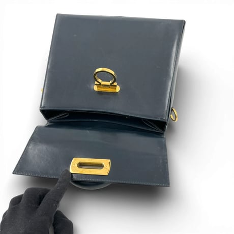 Ferragamo ガンチーニ ゴールドメッキ ネイビー レザー 2WAY ハンドバッグ