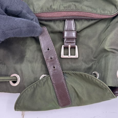 PRADA テスートナイロン ミニリュック カーキグリーン B5827F トライアングルロゴ