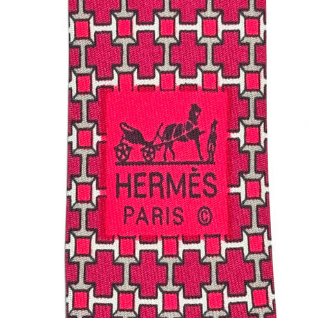 HERMES ネクタイ シルク100% Hロゴ レッド 幾何学模様