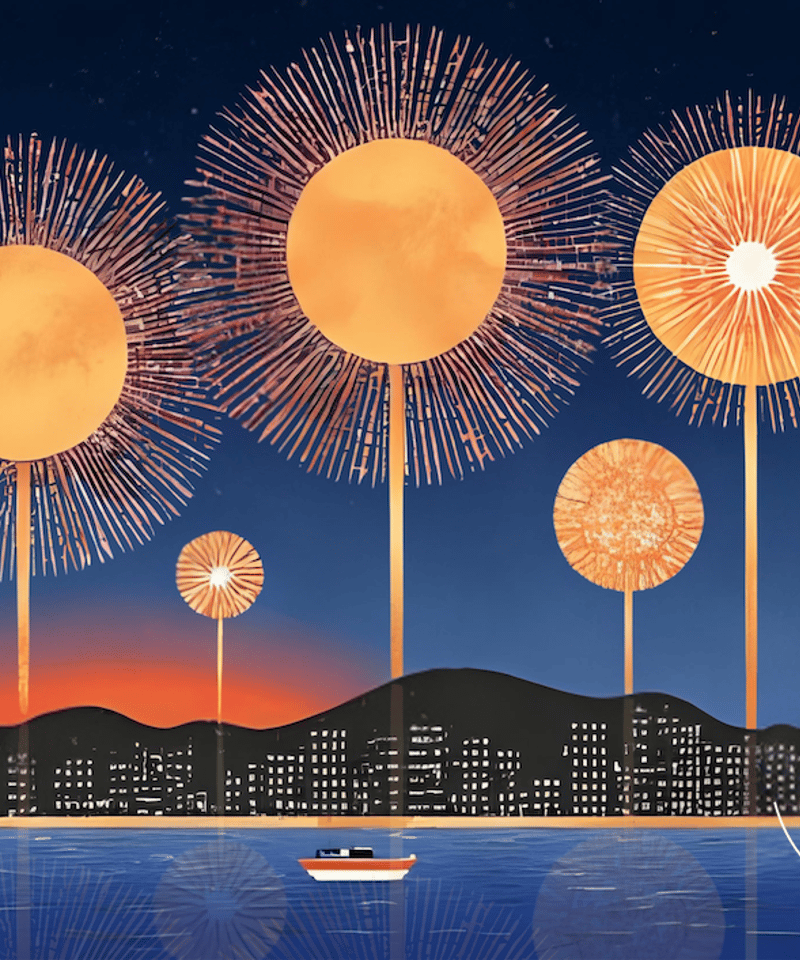 夜空のオーブ・シンフォニー｜金色の球体花火が輝く夜景アートポスター