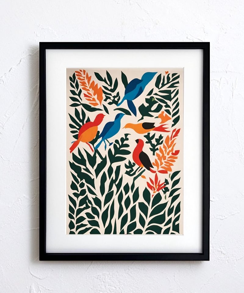 カラフルな鳥と植物が癒しの空間を演出。ボタニカルアートポスター