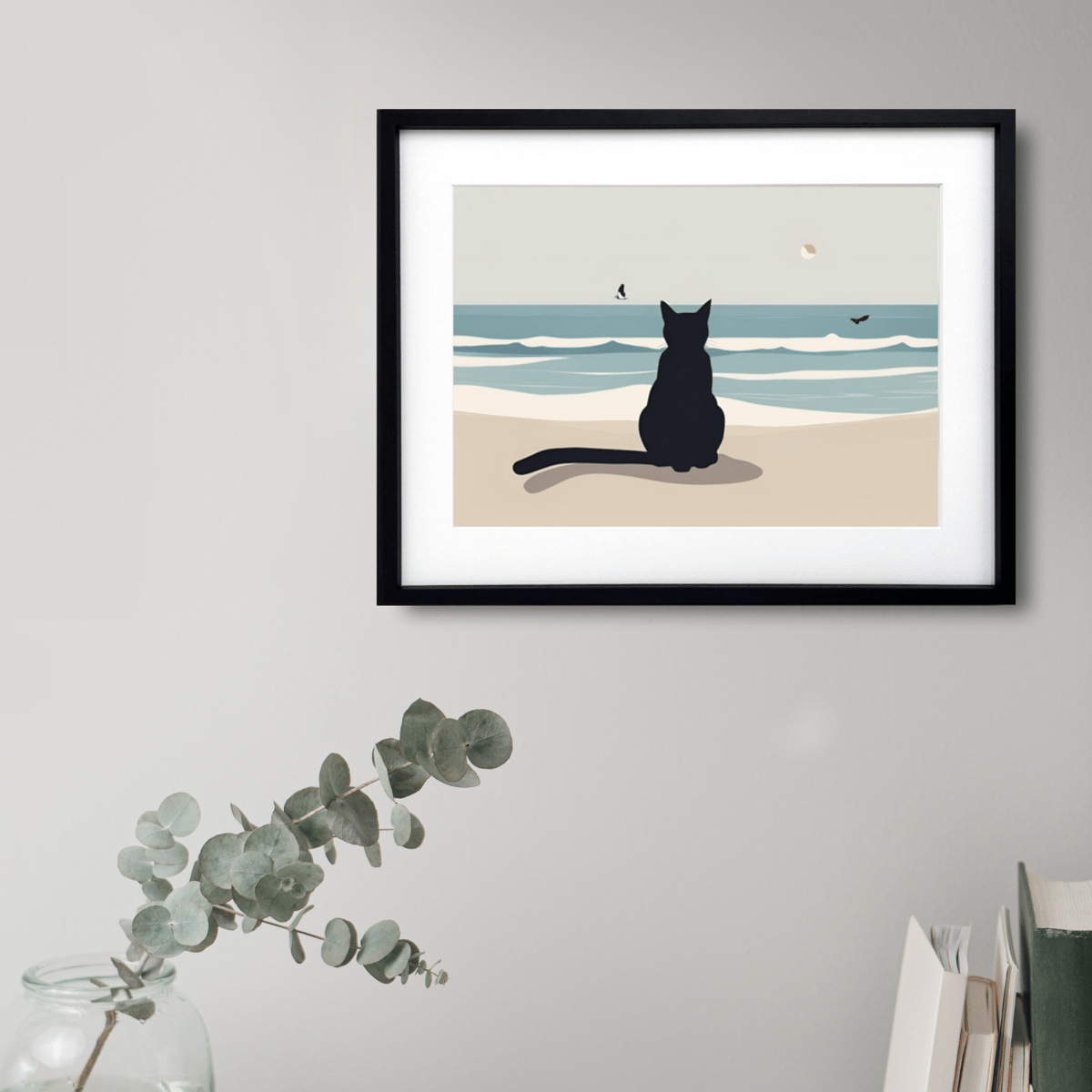 海を眺める黒猫｜静かなビーチで佇む可愛いアートポスター｜A4〜A2額縁