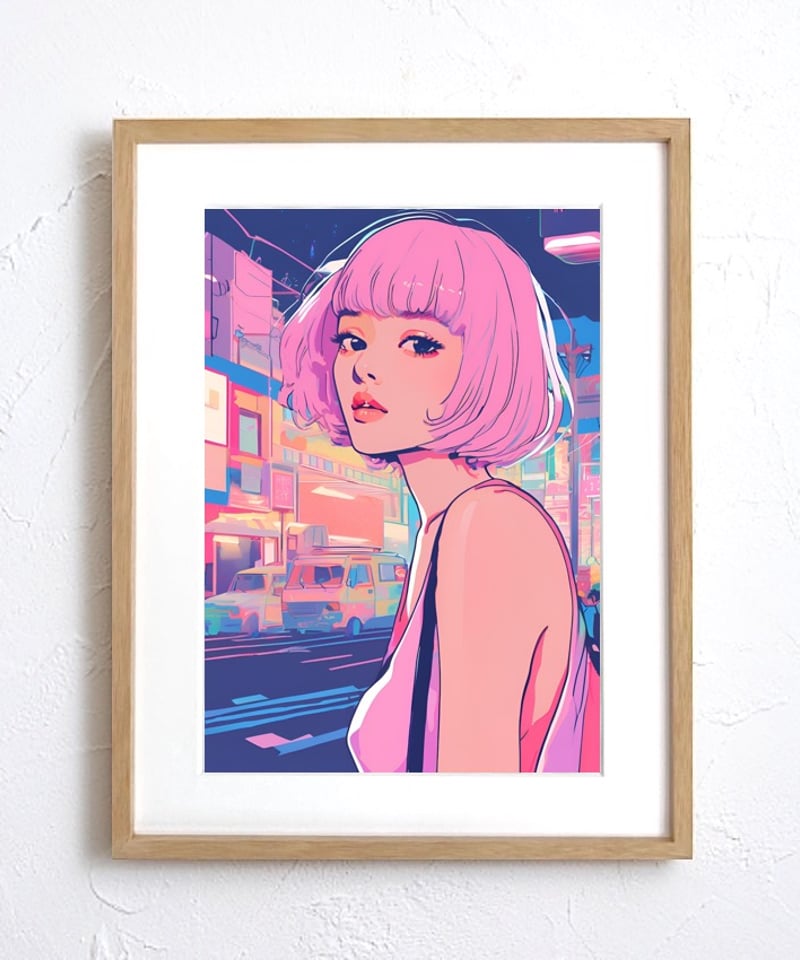 Bob Girl Ⅴ｜ピンクヘアが印象的なレトロポップアートポスター｜淡い