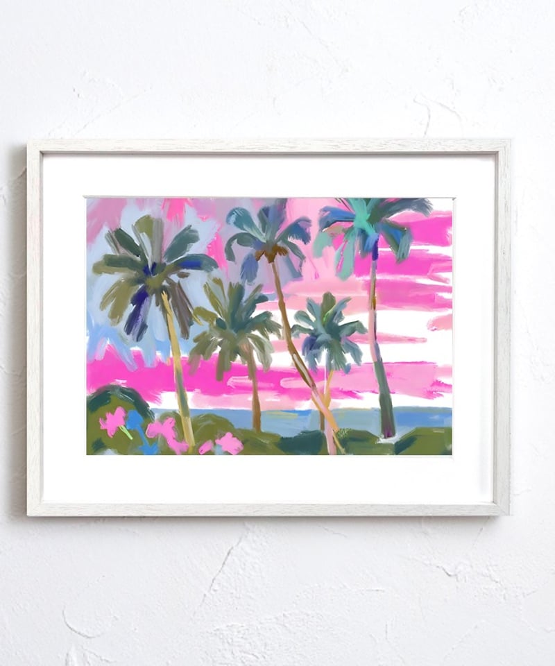 Sunset Beach｜ピンクに染まる夕暮れの海アートポスター｜油絵調の