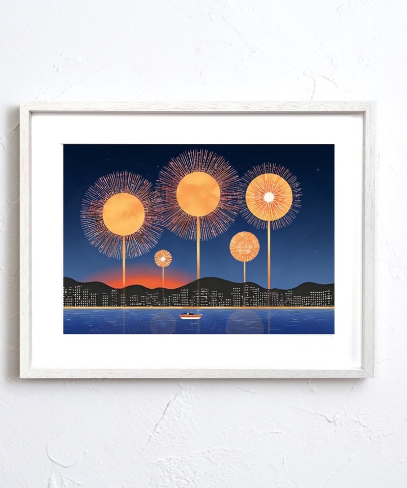 夜空のオーブ・シンフォニー｜金色の球体花火が輝く夜景アートポスター