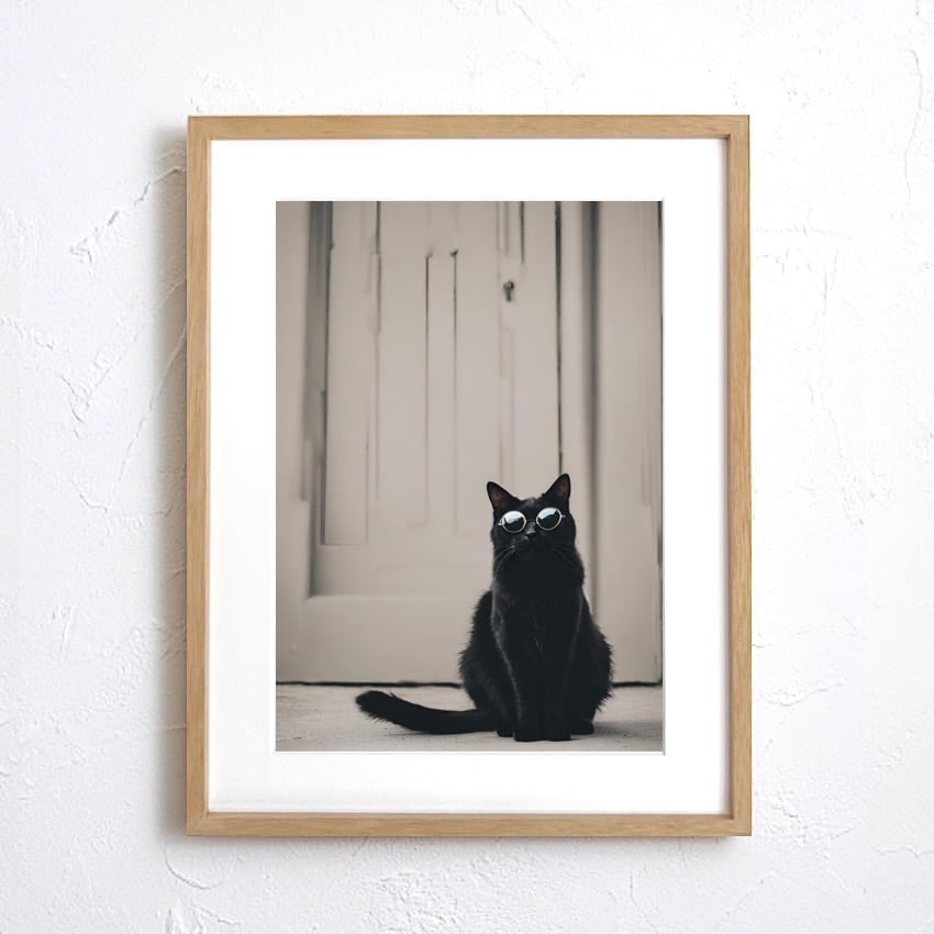 サングラス姿の黒猫を描くおしゃれなアートポスター。A4〜A2額縁