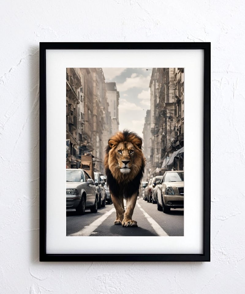 Lion Trip｜都会を旅するライオンのユニークアートポスター｜木製額縁