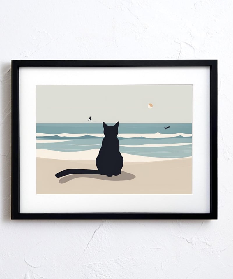 特別価格★【原画】『ウミウシに乗って』（風景画　空の絵　チワワ　黒猫　手描き） 海を眺める黒猫｜静かなビーチで佇む可愛いアートポスター｜A4〜A2額縁