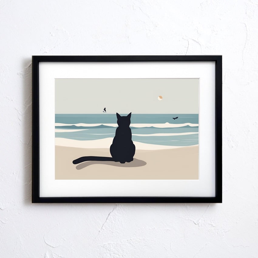 海を眺める黒猫｜静かなビーチで佇む可愛いアートポスター｜A4〜A2額縁