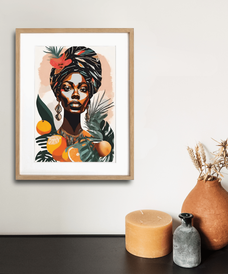 Wild｜アフリカン女性を描いたトロピカルボタニカルアート｜南国カラー