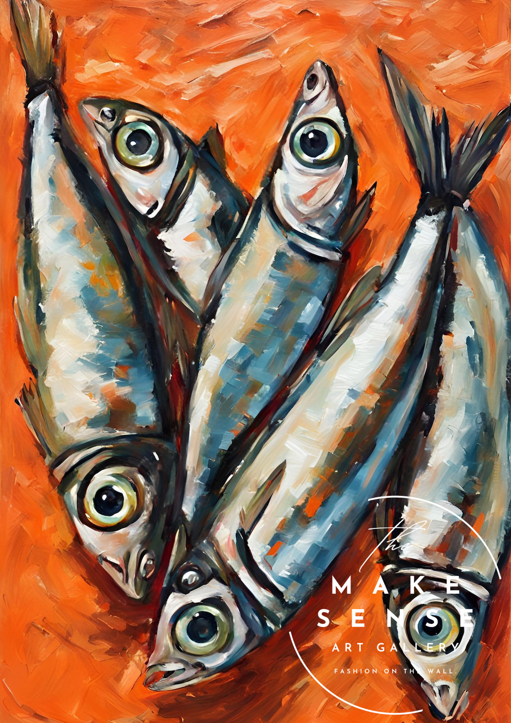 Silver Eyes｜鮮烈なオレンジと銀色の魚たちが躍るポップアート