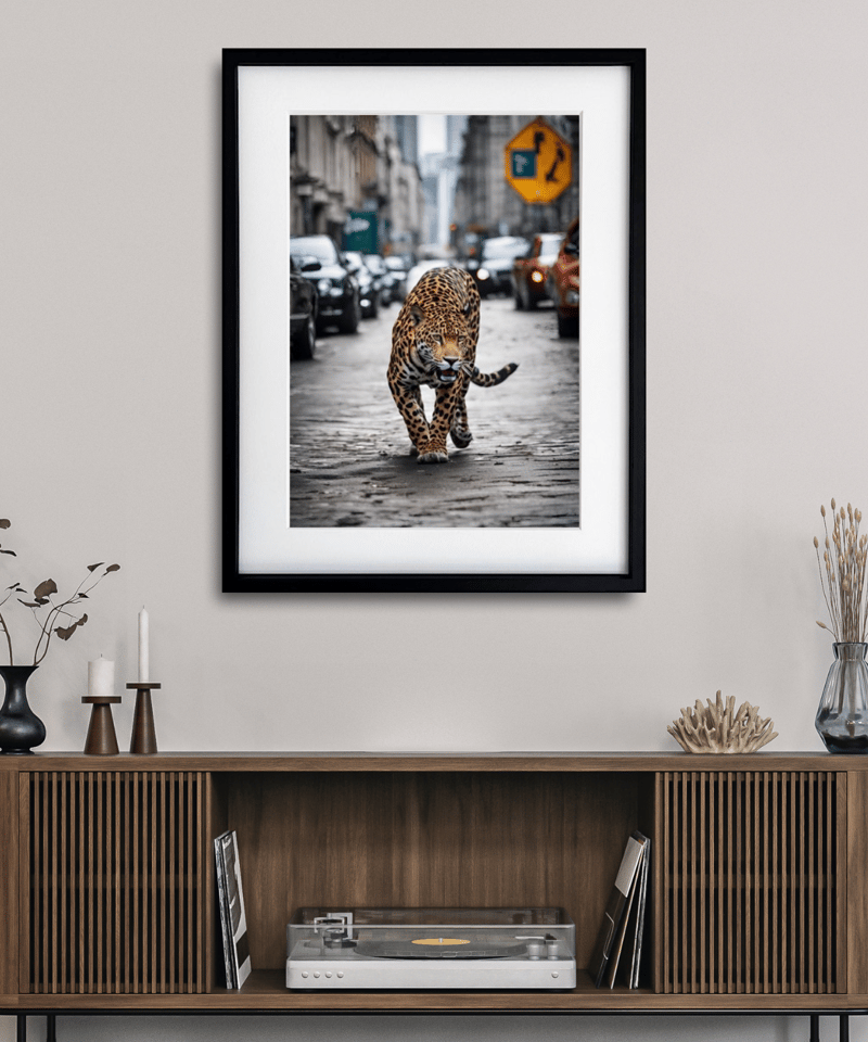 絵画　アクリル絵　額縁　キャンバス　 ジャガー　動物　原画 都会を旅するジャガーを描いたユニークなアートポスター「Jaguar Trip