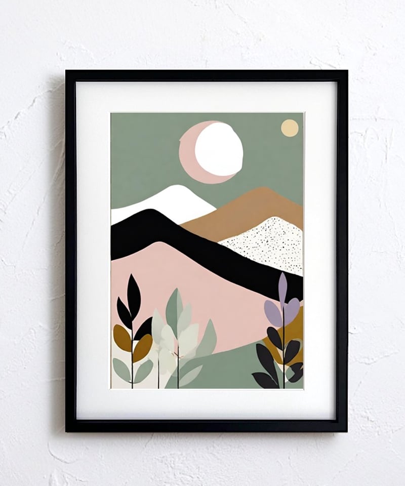 ミニマリスト スカンジナビアン 月 山 抽象幾何学 風景 抽象画 北欧
