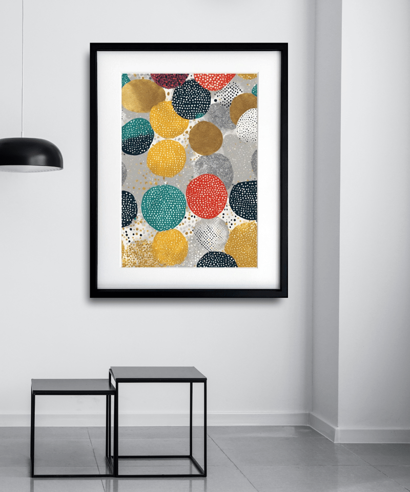 メタリックとカラーが映えるドット柄アートポスター。北欧