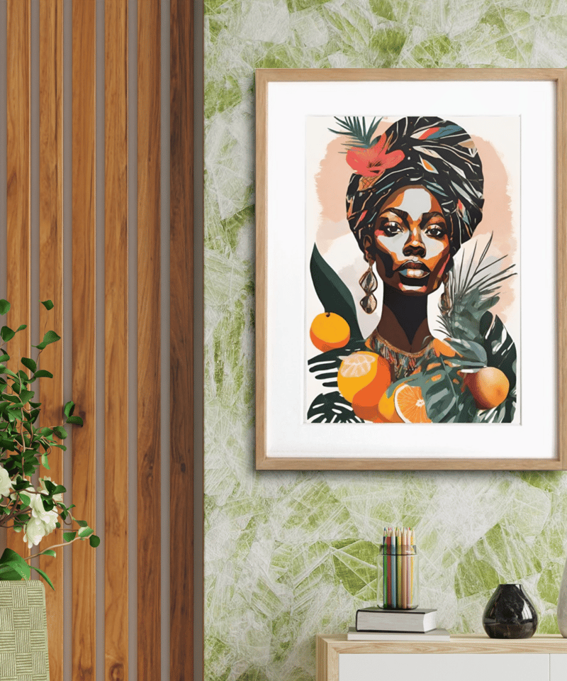 Wild｜アフリカン女性を描いたトロピカルボタニカルアート｜南国カラー