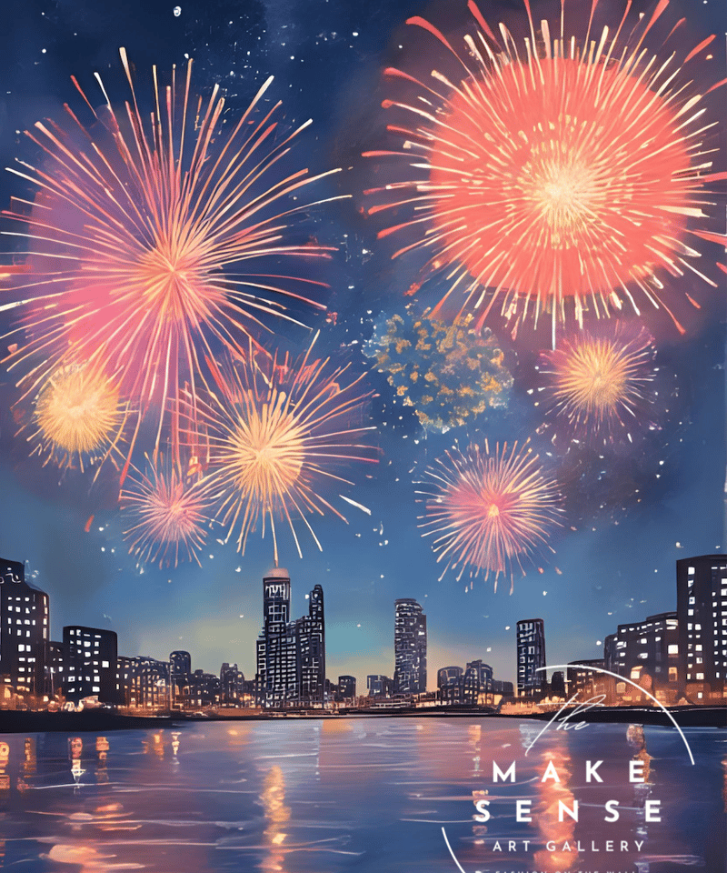 花火｜都会夜景に咲く大輪の花火アートポスター｜和モダン×幻想的