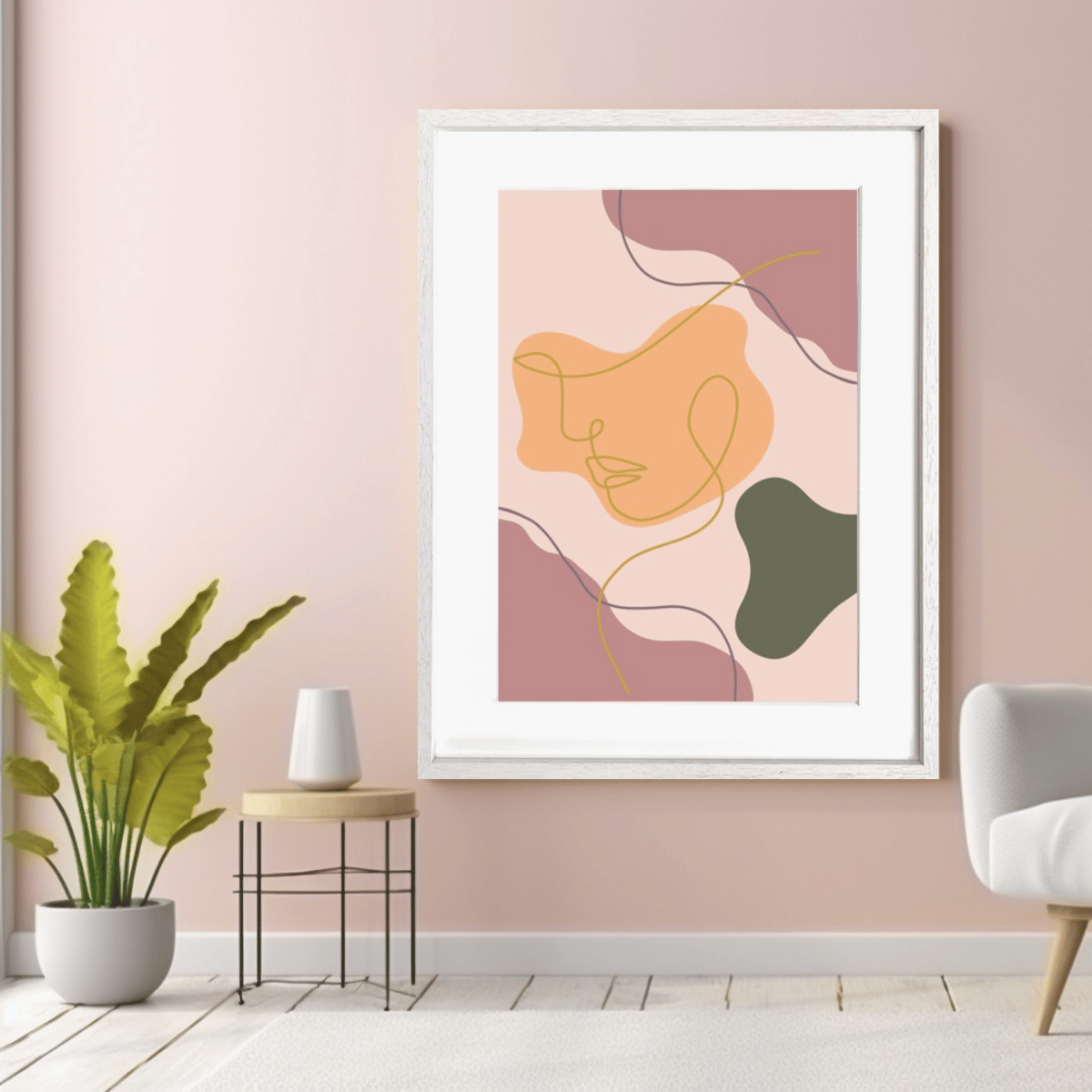 女性の横顔を線画で表現したミニマル北欧アート。A4〜A2額縁付き