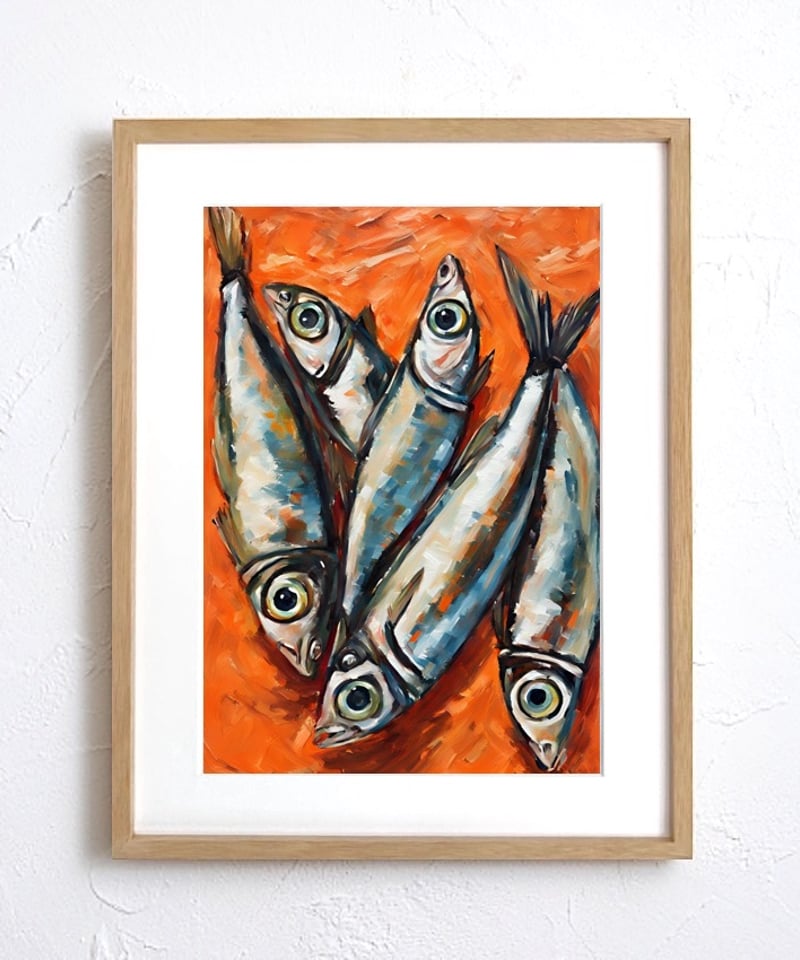 Silver Eyes｜鮮烈なオレンジと銀色の魚たちが躍るポップアート
