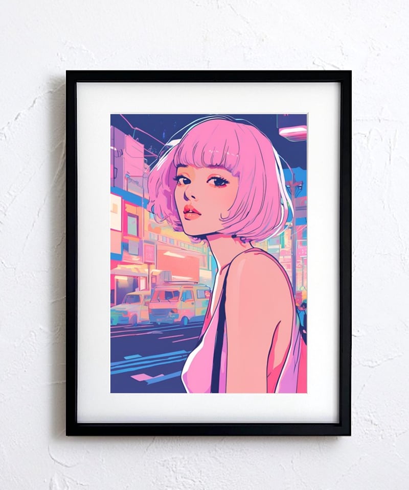 Bob Girl Ⅴ｜ピンクヘアが印象的なレトロポップアートポスター｜淡い