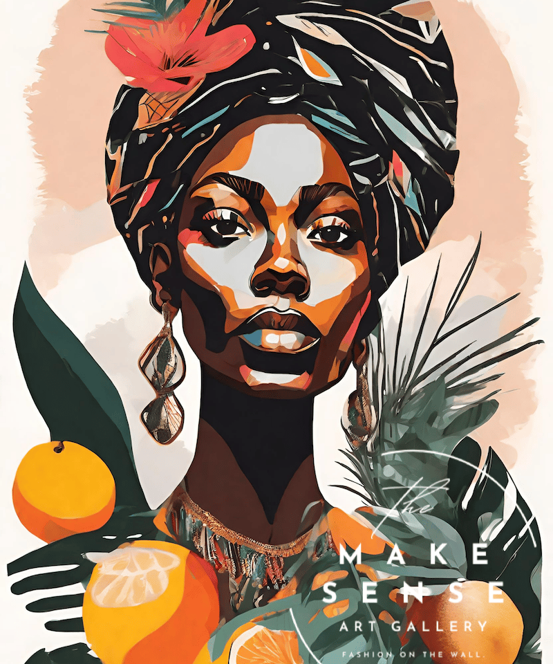 Wild｜アフリカン女性を描いたトロピカルボタニカルアート｜南国カラー