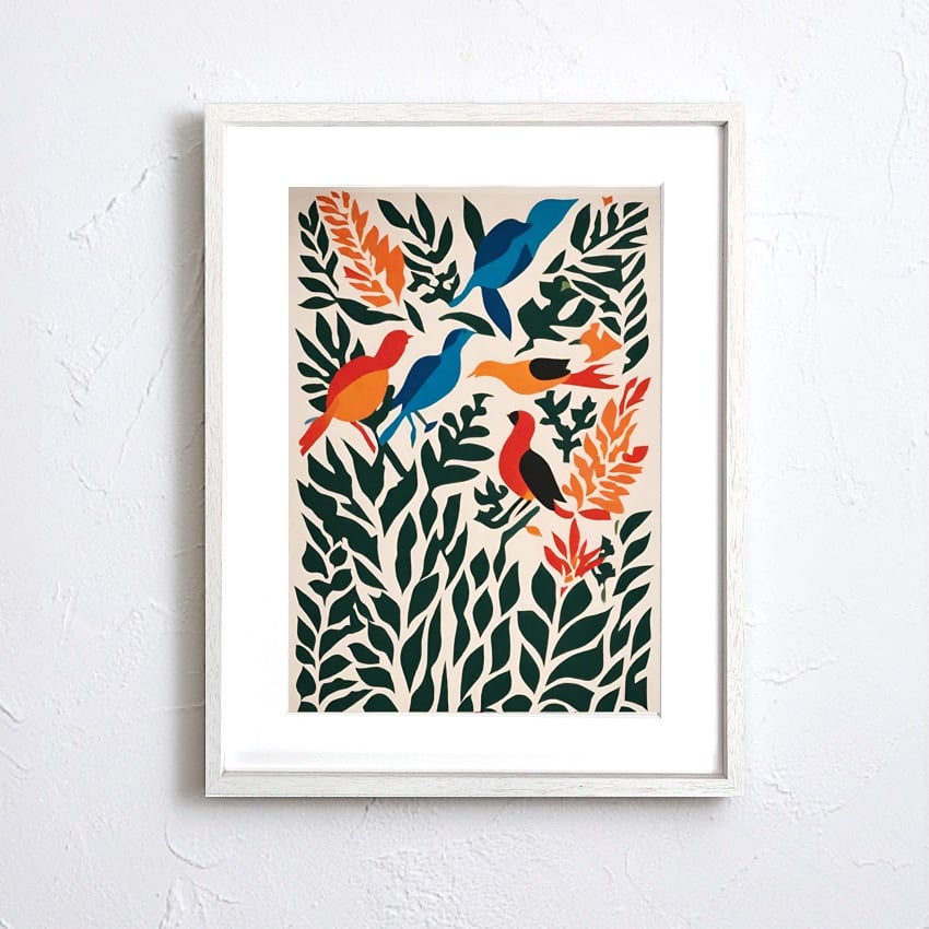 アート　ポスター　額縁付き カラフルな鳥と植物が癒しの空間を演出。ボタニカルアートポスター