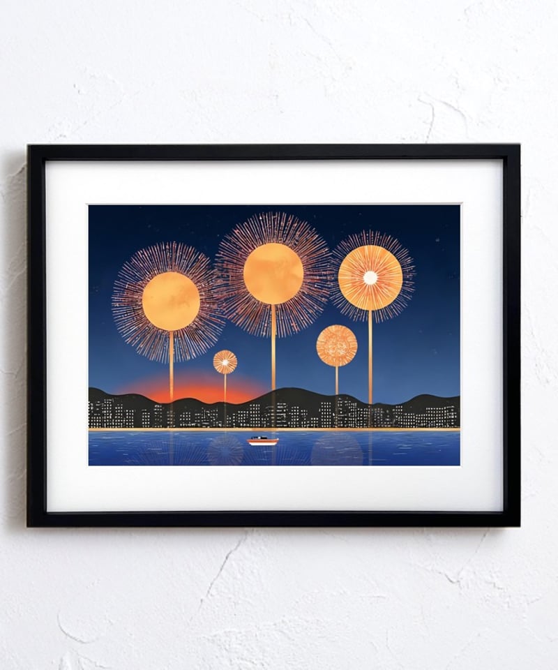 夜空のオーブ・シンフォニー｜金色の球体花火が輝く夜景アートポスター