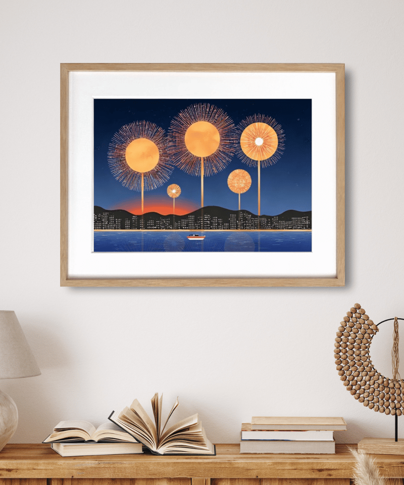 夜空のオーブ・シンフォニー｜金色の球体花火が輝く夜景アートポスター